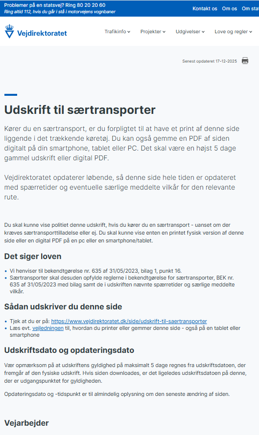 Eksempel på udskriften til særtransporter